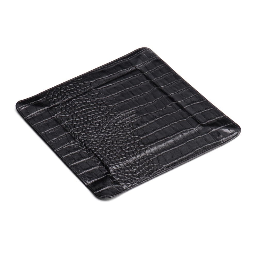 Leather valet tray, black croc with cobalt, base flat