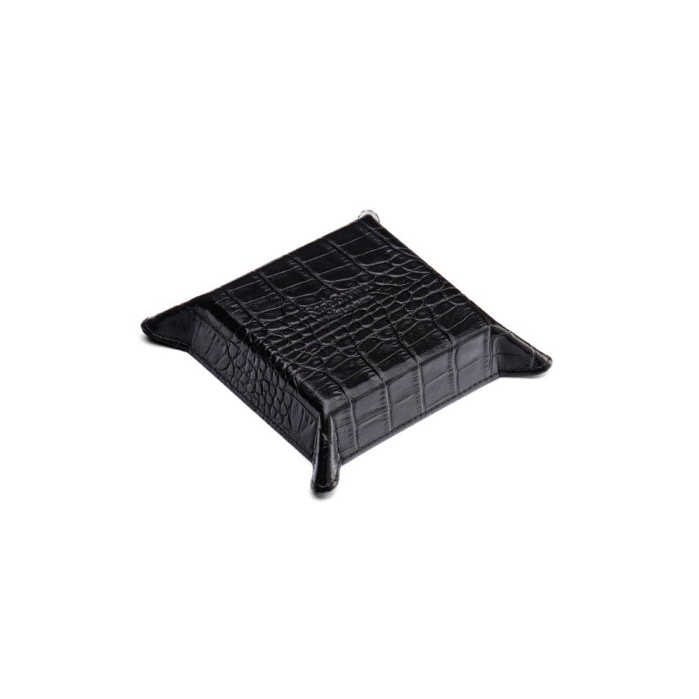 Small leather valet tray, black croc with cobalt, base