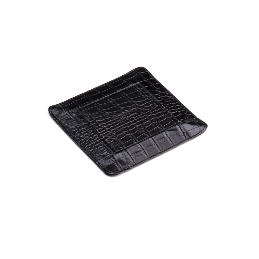 Small leather valet tray, black croc with cobalt reverse