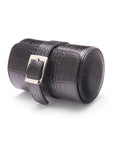 Small leather watch roll, black croc with cobalt, front