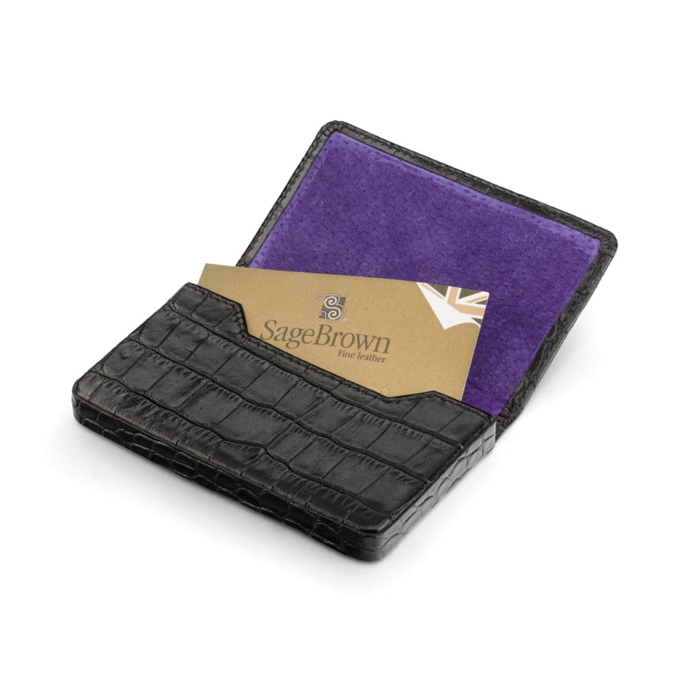 Leather business card holder with magnetic closure, black croc, inside