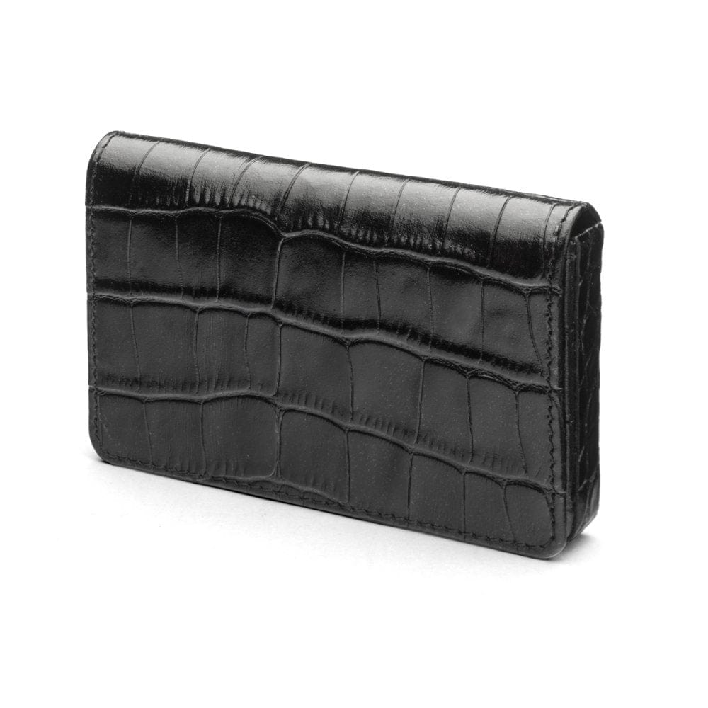 Leather business card holder with magnetic closure, black croc, front