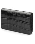 Leather business card holder with magnetic closure, black croc, front