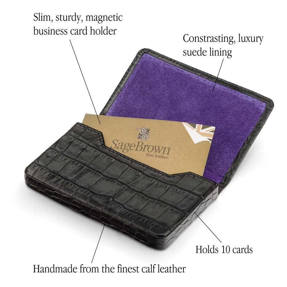 Leather business card holder with magnetic closure, black croc, features