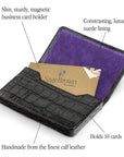 Leather business card holder with magnetic closure, black croc, features