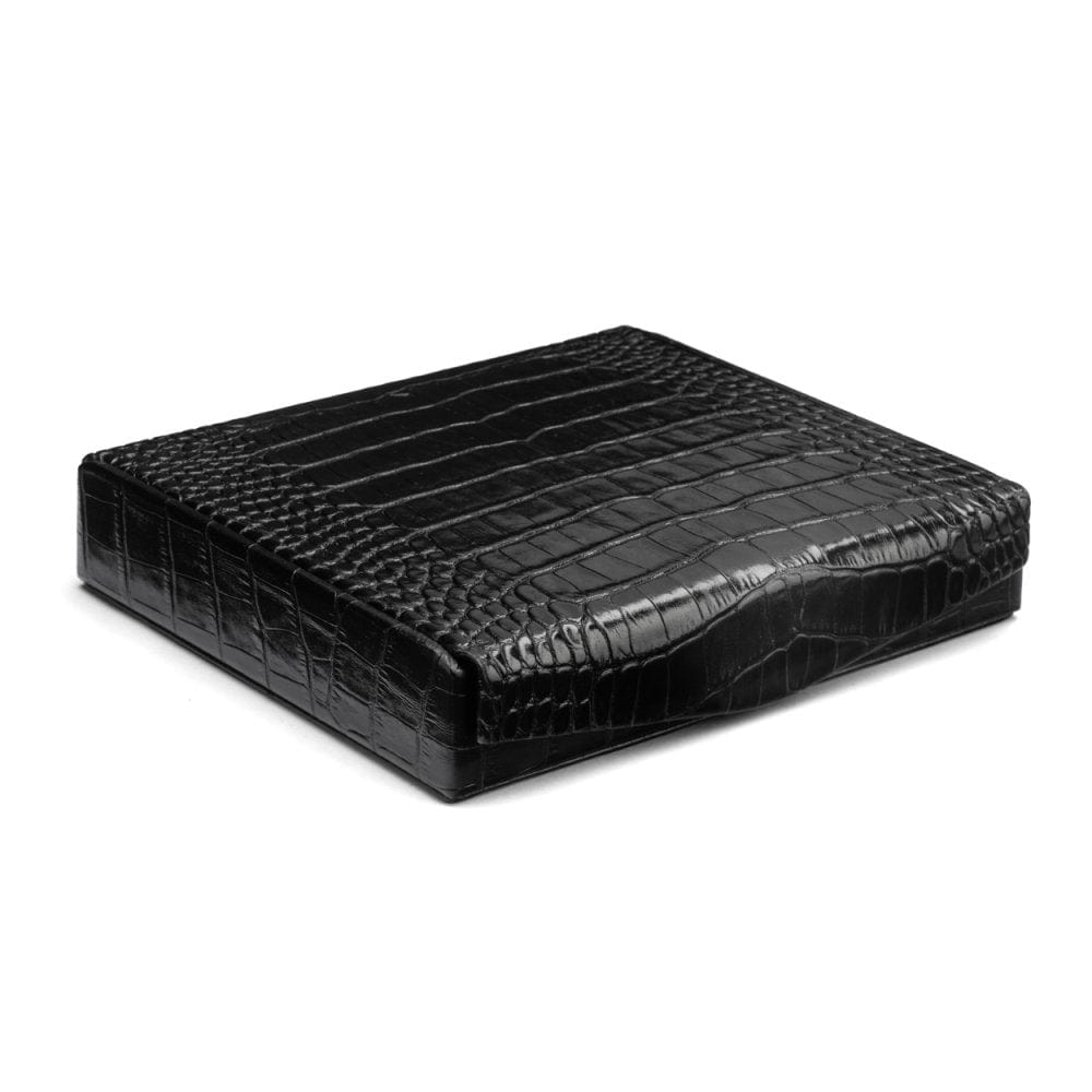 Large leather accessory box, black croc, front