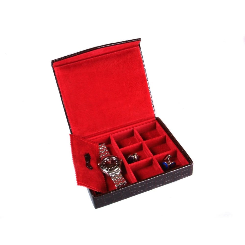 Large leather accessory box, black croc, inside