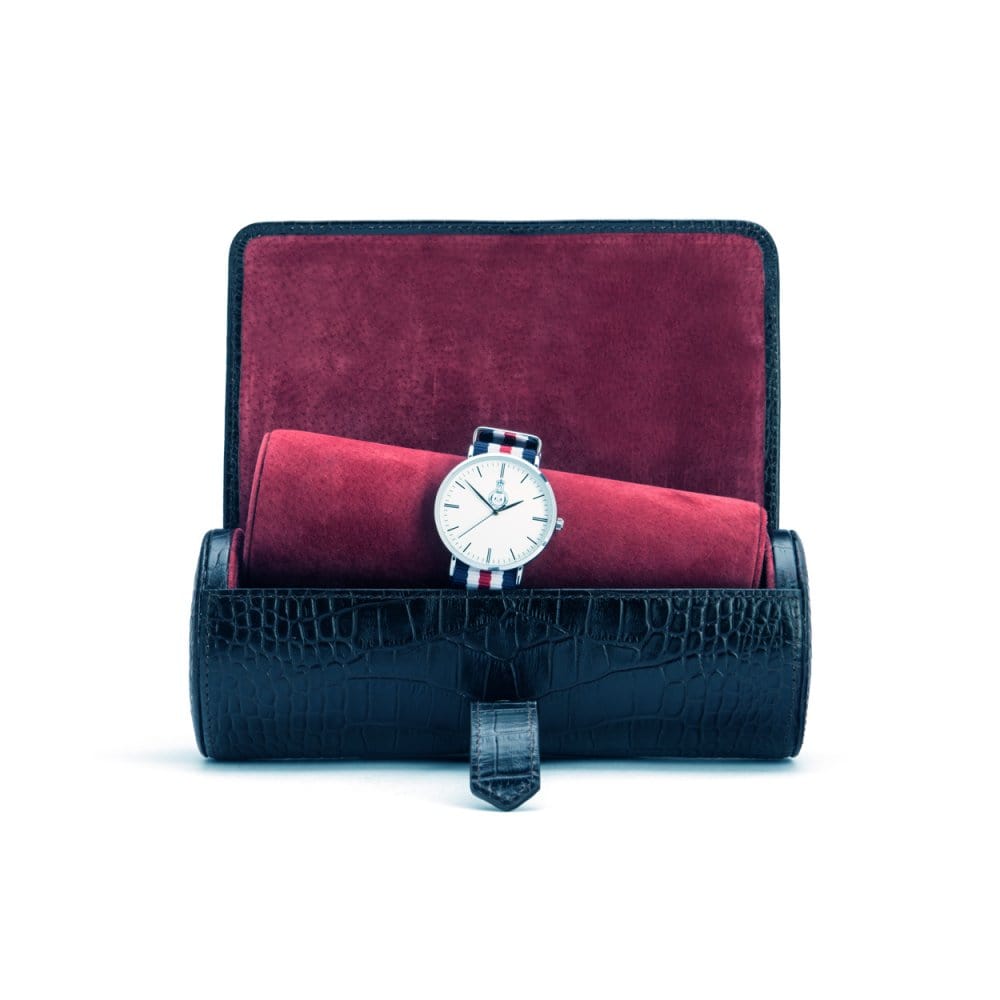 Large leather watch roll, black croc with red, open