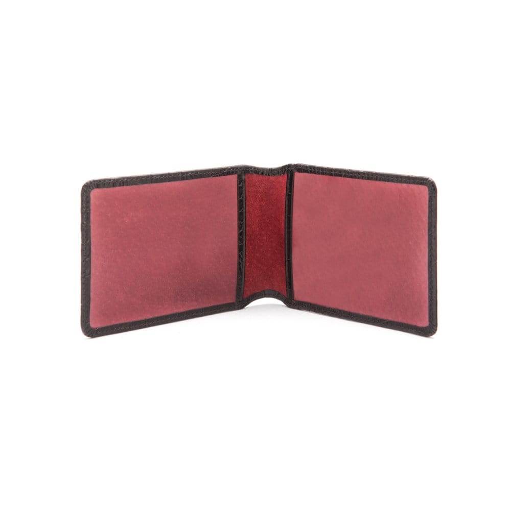 Leather Oyster card holder, black croc with red, open