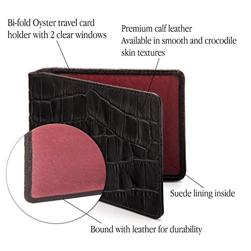 Leather Oyster card holder, black croc with red, features
