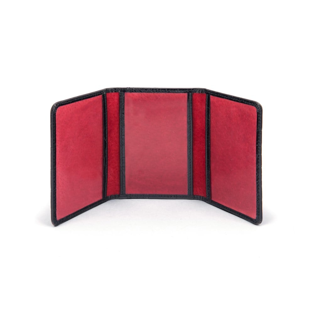 Leather tri-fold travel card holder, black croc with red, open