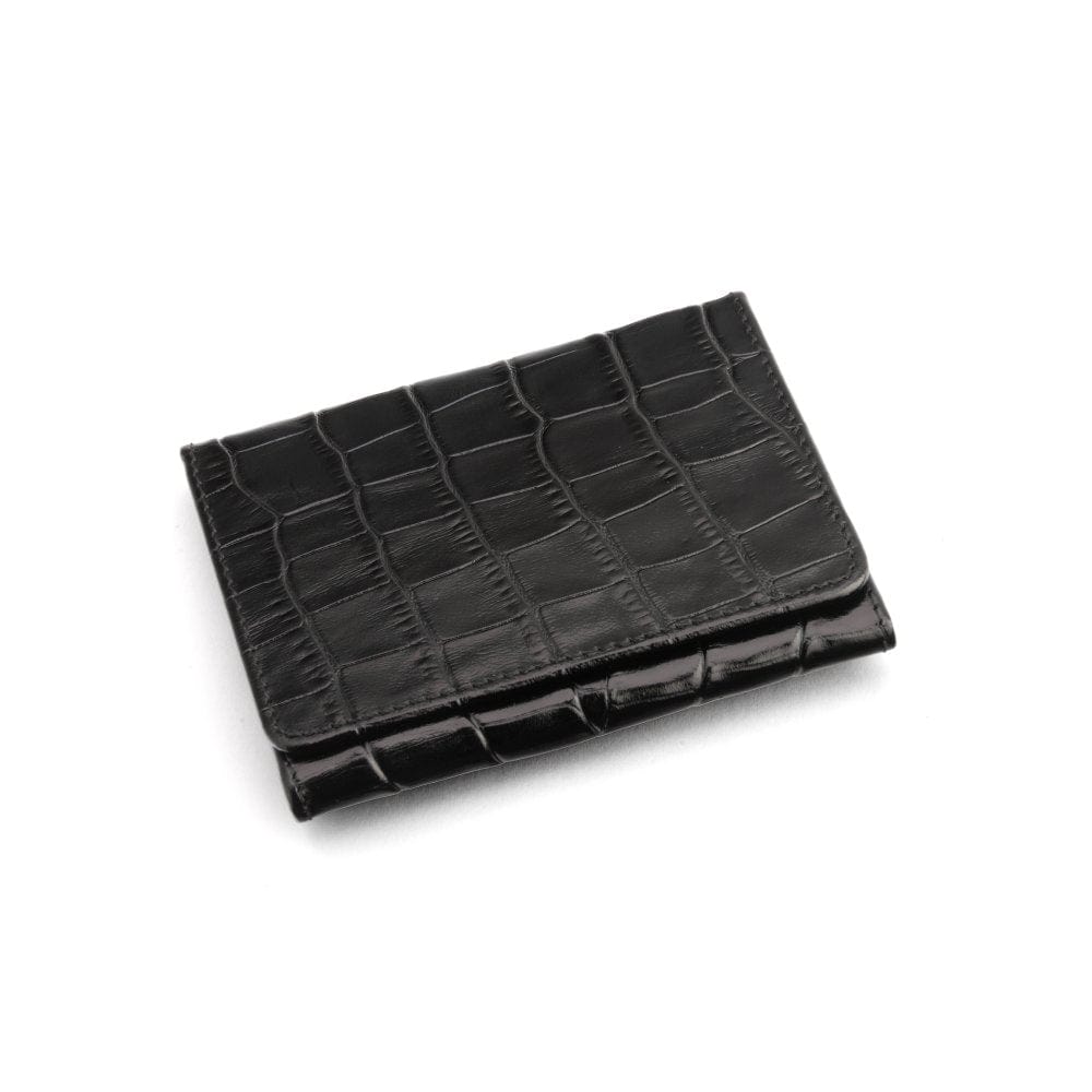 Leather tri-fold travel card holder, black croc with red, front