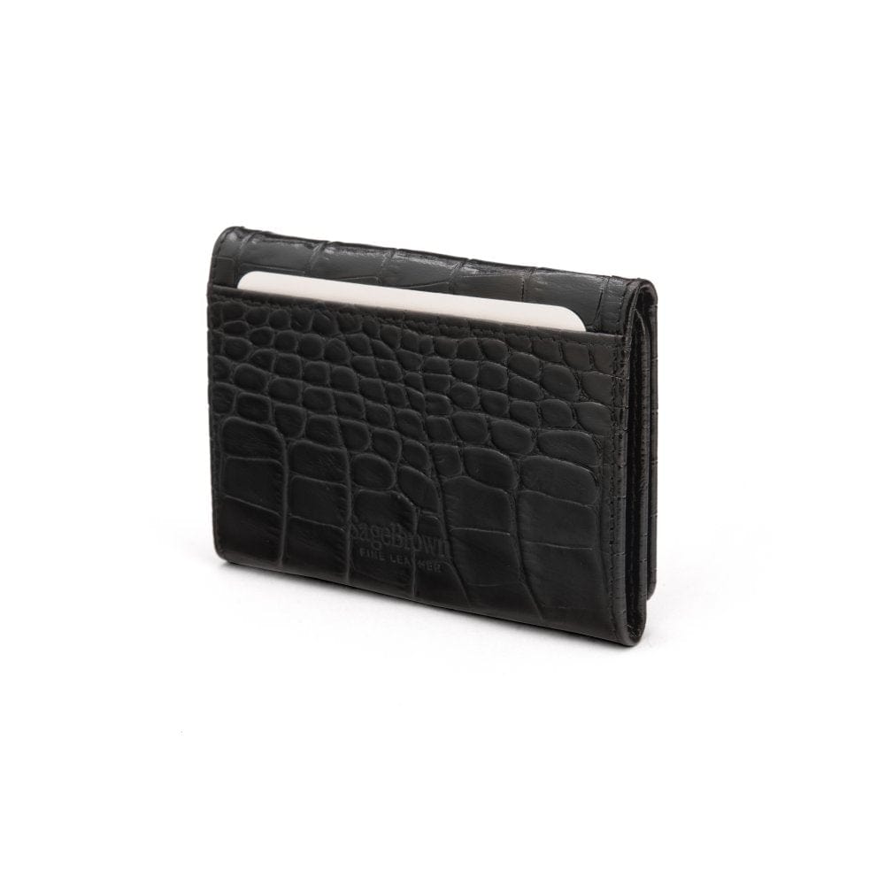 Leather tri-fold travel card holder, black croc with red, back