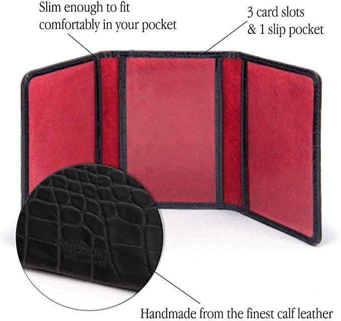 Leather tri-fold travel card holder, black croc with red, features