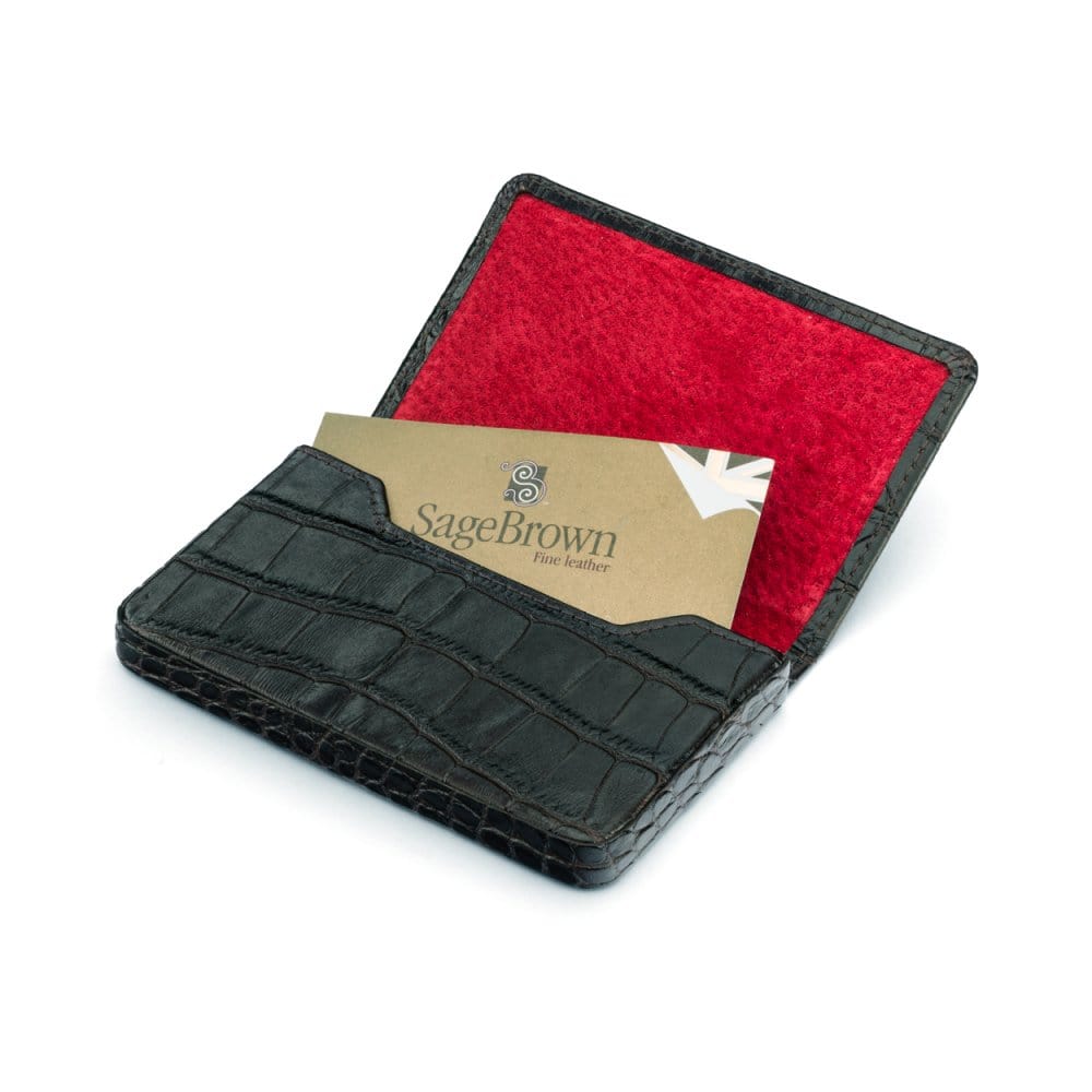 Leather business card holder with magnetic closure, black croc with red, inside