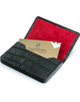 Leather business card holder with magnetic closure, black croc with red, inside