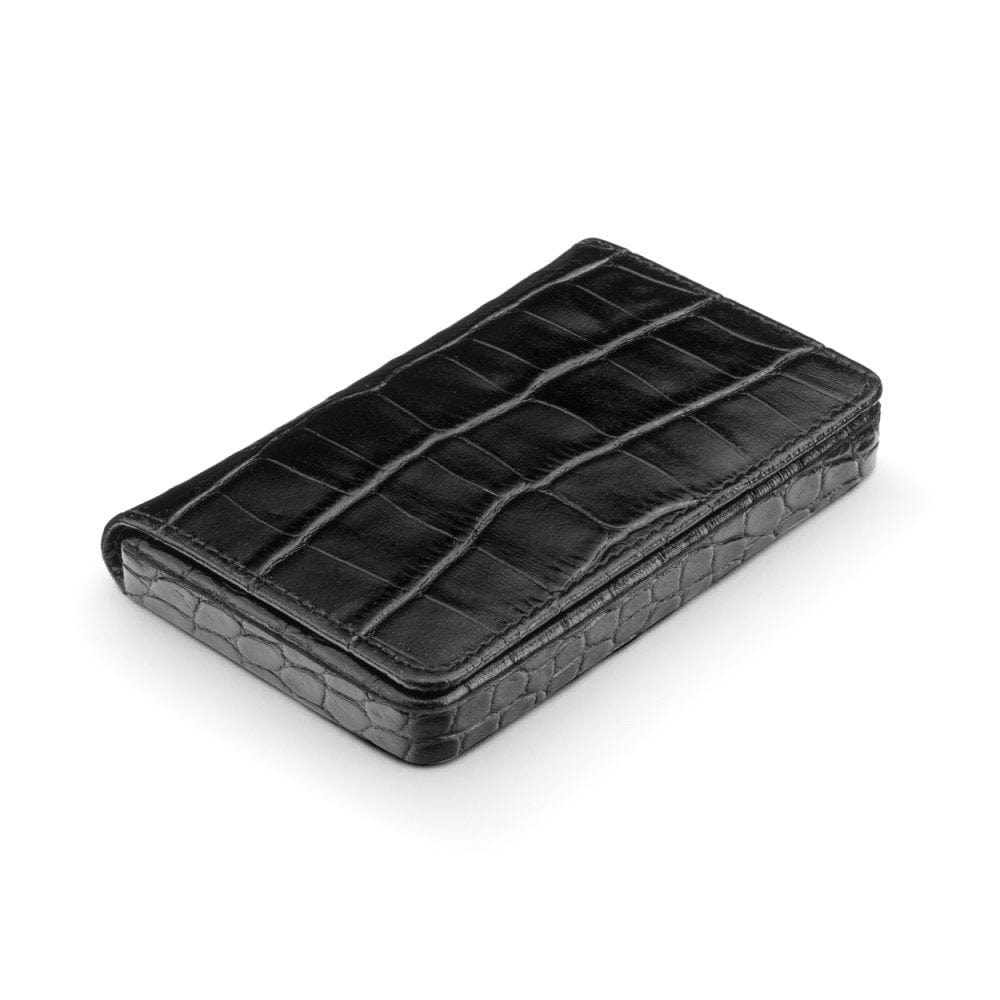 Leather business card holder with magnetic closure, black croc with red, side