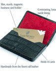 Leather business card holder with magnetic closure, black croc with red, features