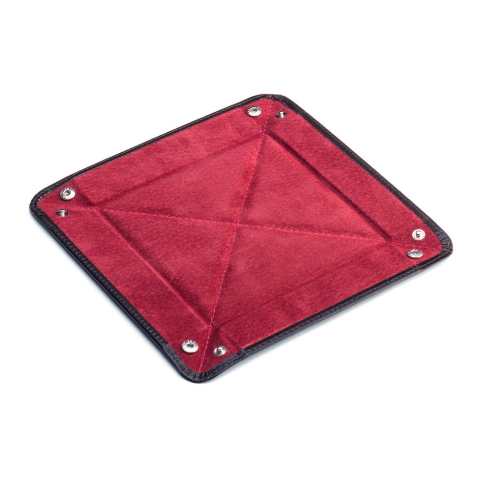 Leather valet tray, black croc with red, flat