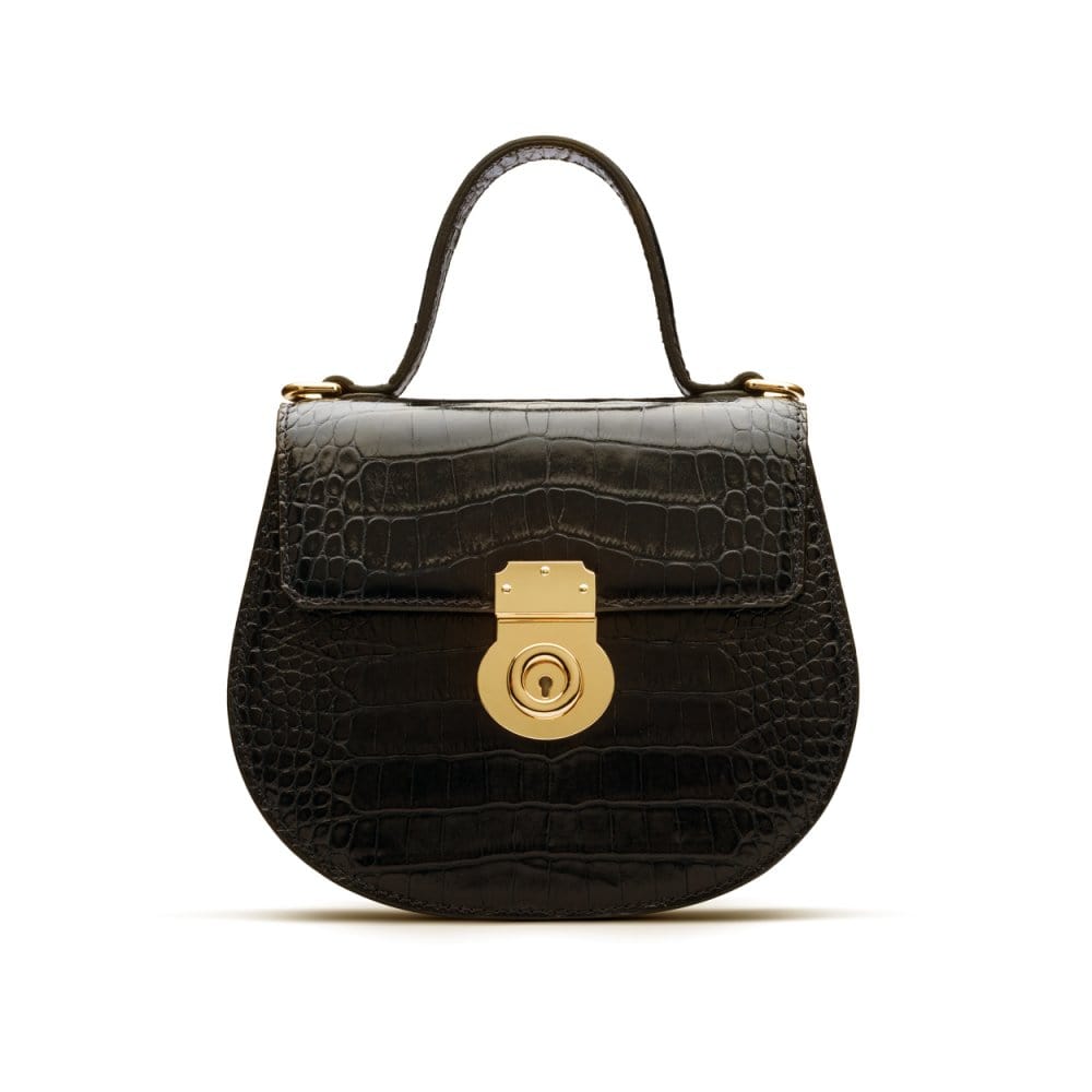 Leather rounded bottom top handle bag, black croc, front