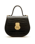 Leather rounded bottom top handle bag, black croc, front