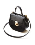 Leather rounded bottom top handle bag, black croc, side