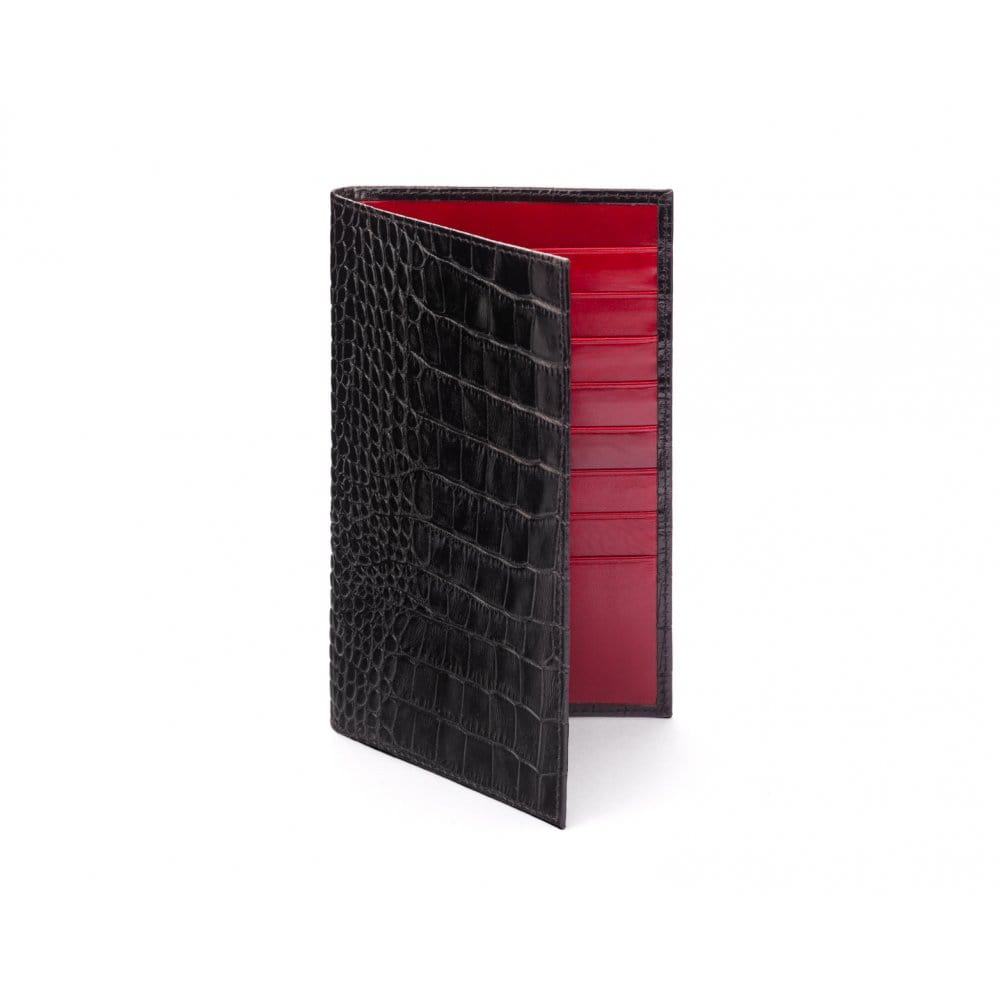 Slim tall leather suit wallet, black croc with red, front