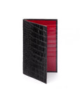 Slim tall leather suit wallet, black croc with red, front