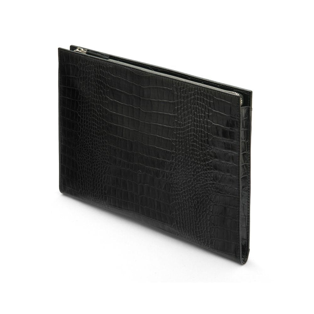 Zip top leather folder, black croc, side view