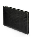 Zip top leather folder, black croc, side view