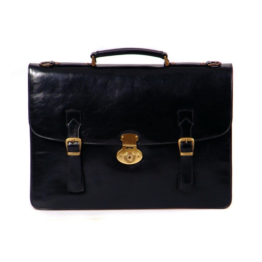 Leather satchel briefcase with straps, black, front