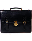 Leather satchel briefcase with straps, black, front