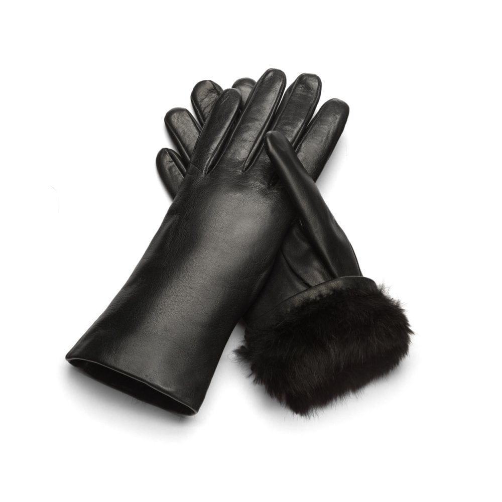 Fur lined leather gloves ladies, black