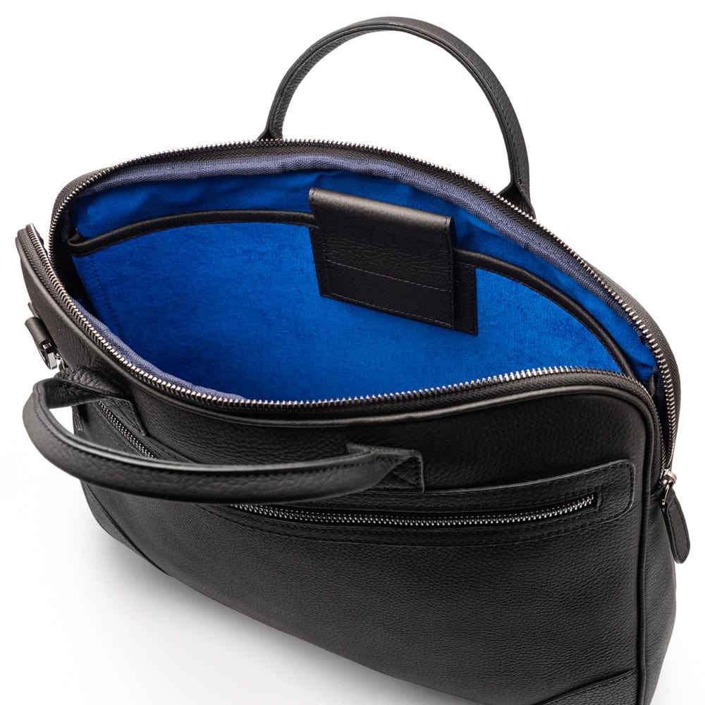 16"  slim leather laptop bag, black, inside view
