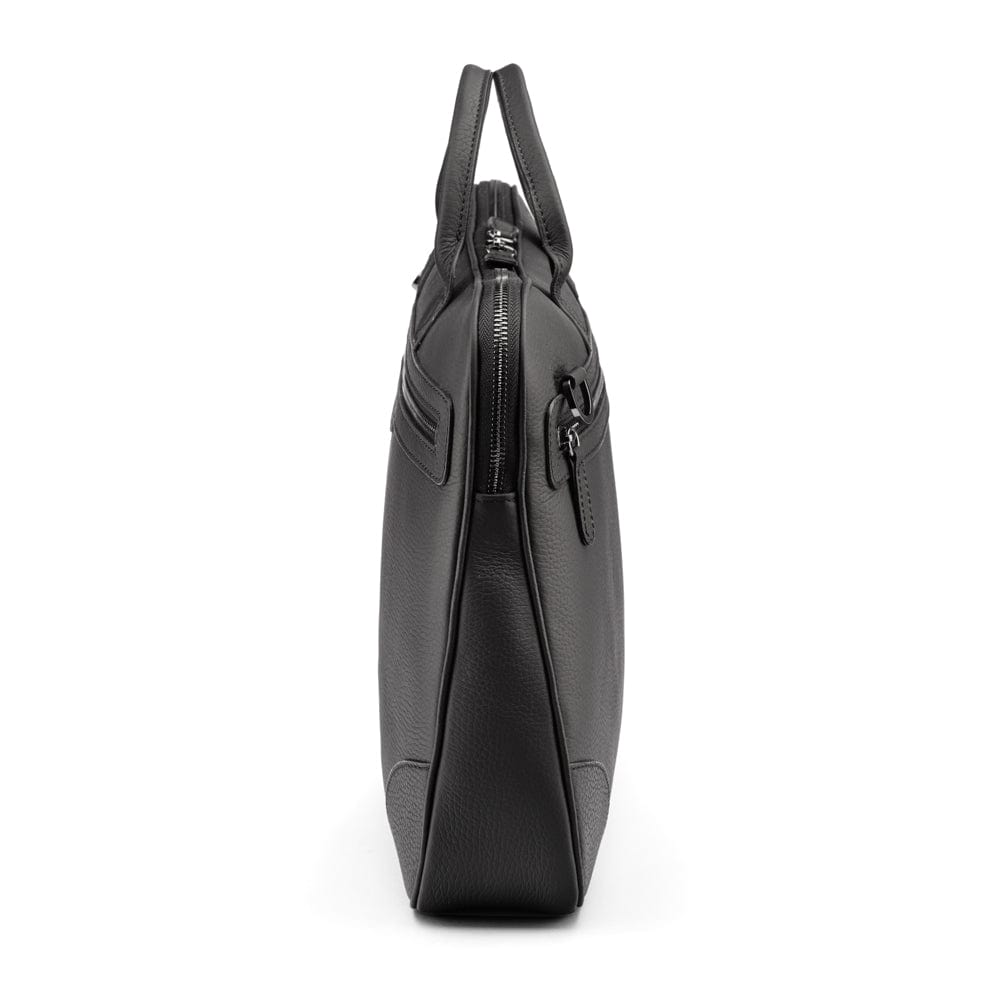 16"  slim leather laptop bag, black, side trapeze view