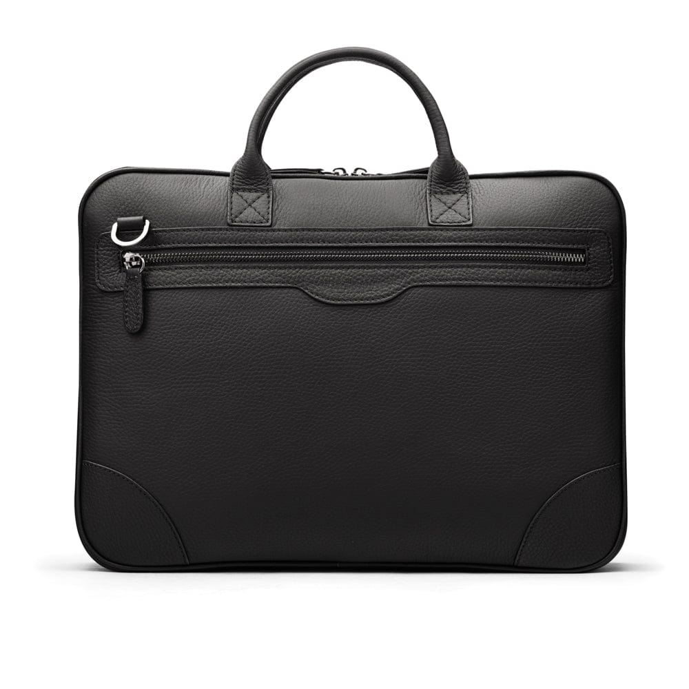 16"  slim leather laptop bag, black, back view