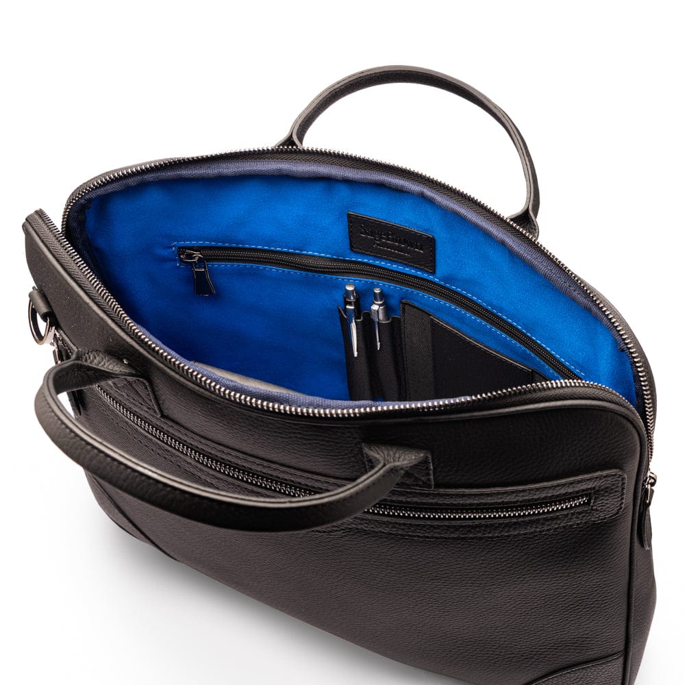 16"  slim leather laptop bag, black, open view