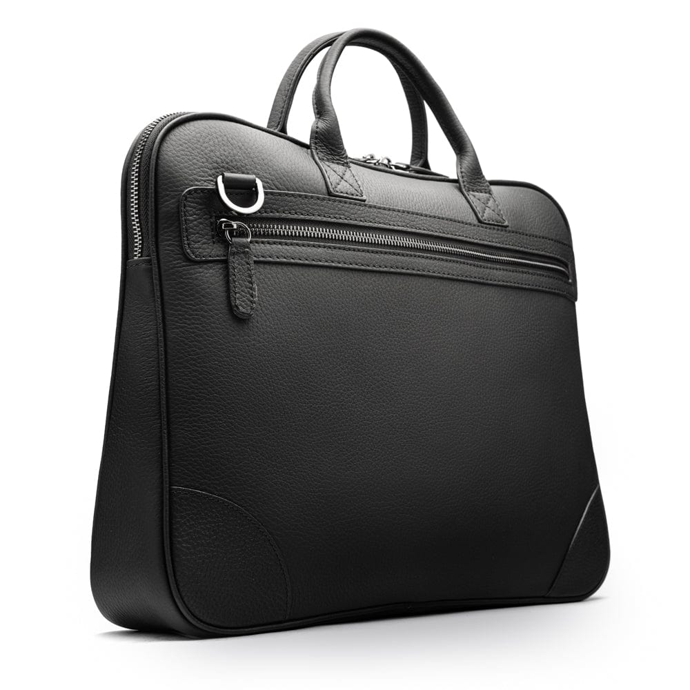 16"  slim leather laptop bag, black, front view