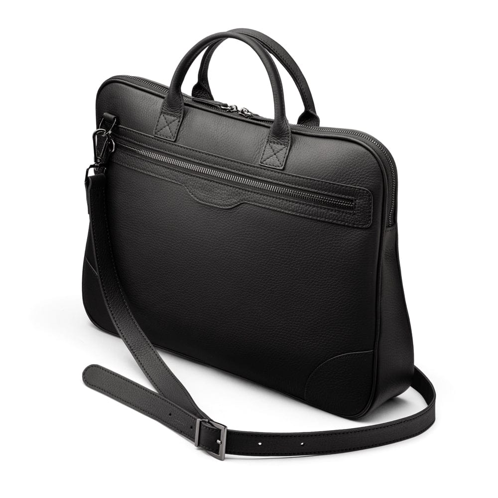 16"  slim leather laptop bag, black, side view