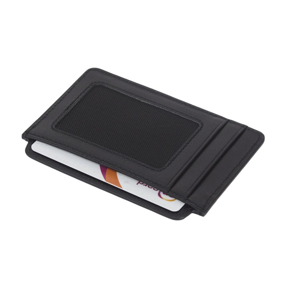 Flat leather ID card case, black , front view