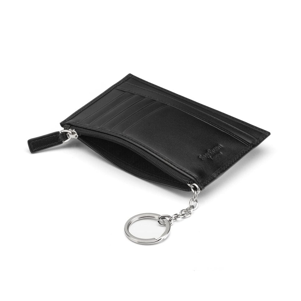 Flat leather card wallet with jotter and zip pocket, black, open
