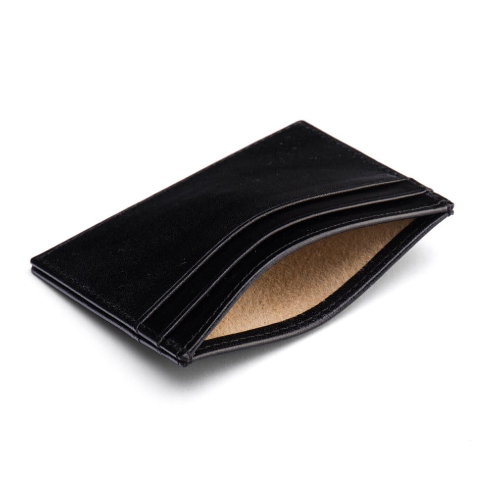 Flat leather credit card wallet 4 CC, black, inside
