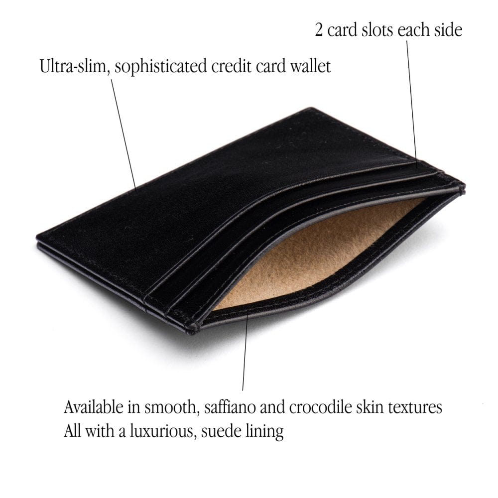 Flat leather credit card wallet 4 CC, black, features