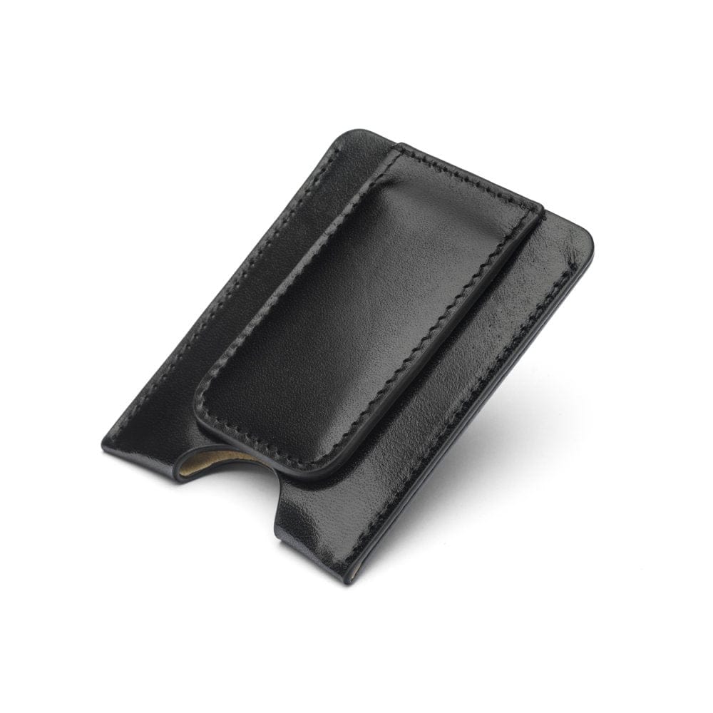 Flat magnetic leather money clip card holder, black, front