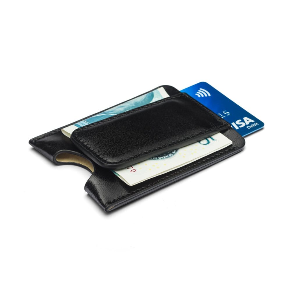 Flat magnetic leather money clip card holder, black, side