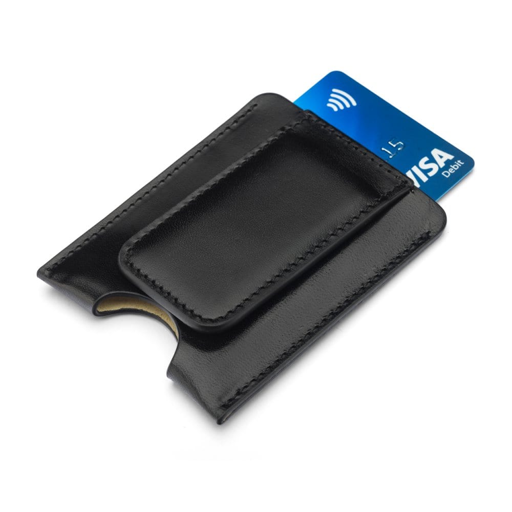 Flat magnetic leather money clip card holder, black