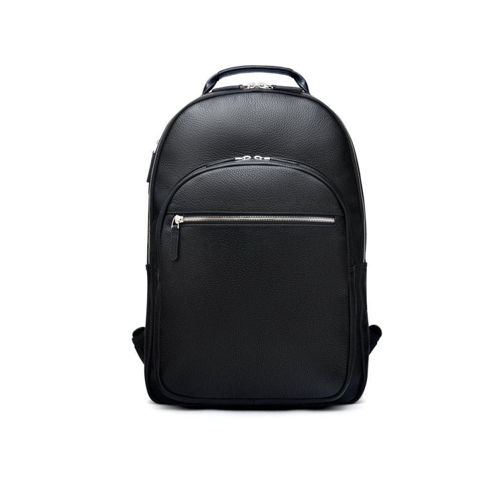 Men's leather 15" laptop backpack, black pebble grain, front