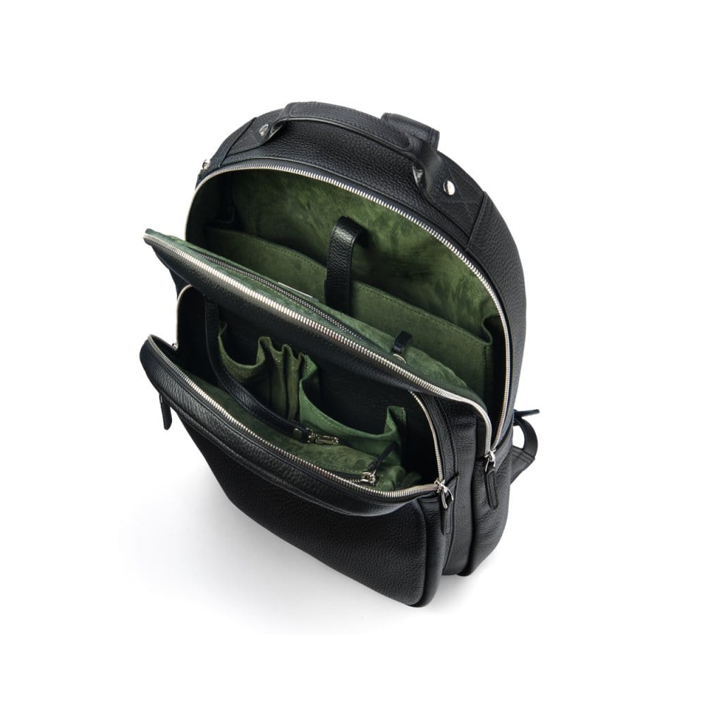 Men's leather 15" laptop backpack, black pebble grain, inside