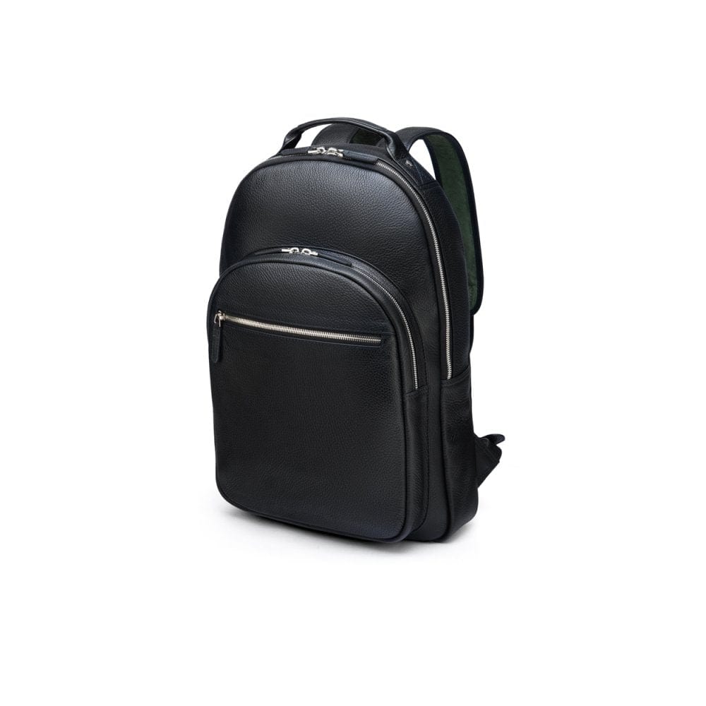 Men's leather 15" laptop backpack, black pebble grain, side