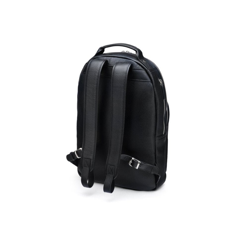 Men's leather 15" laptop backpack, black pebble grain, back view